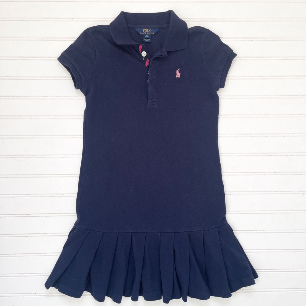 POLO RALPH LAUREN EUC Navy Pique Polo Shirt Dress w/ Drop Waist & Pleated Skirt
